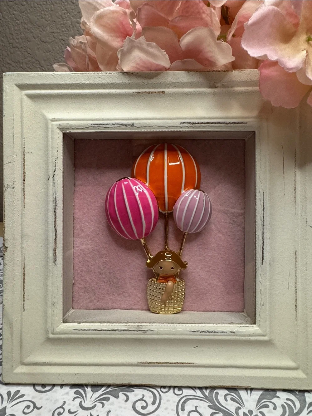 Air Balloon Girl in Basket Shabby Chic Shadow Box Framed Art